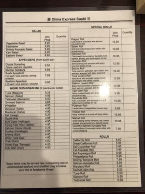 Sushi Menu