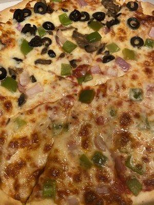 Veggie Thin Crust Specialty Pizza, half without black olives or mushrooms