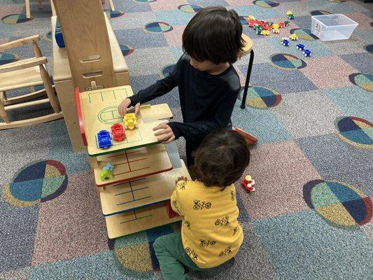 pretend play with a car garage