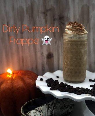 The Dirty Pumpkin Frappe, a favorite among our pumpkin spice lovers. This specialty drink is seasonal, so feel free to ask if its available!