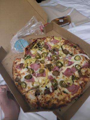 Delicious pizza at 11 pm , nothing else is open in this town  at this hour, delivery guy was awesome, I hope they get paid well...