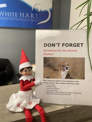 White HART's Elf reminding everyone to drop off donations for the Animal Shelter