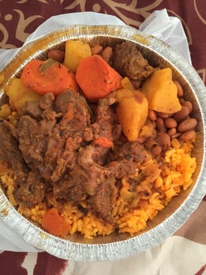 Hot rice, beans & beef stew (with large homemade lemonade) = $9