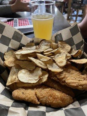 Chicken Tenders with Garlic Cottage Fries  ~ these go well with ranch dressing ~ and a Stiegl Radler, too.