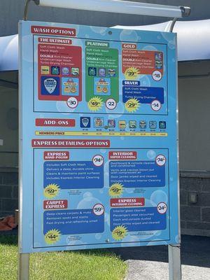 Menu of their car wash