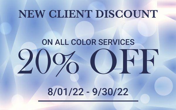 20% off all color services for new clients until the end of September