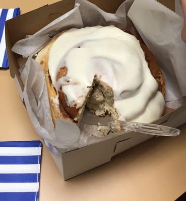 The cinnamon roll here is bigger than your head and can feed a whole office. Plus it's actually fresh and wonderful!