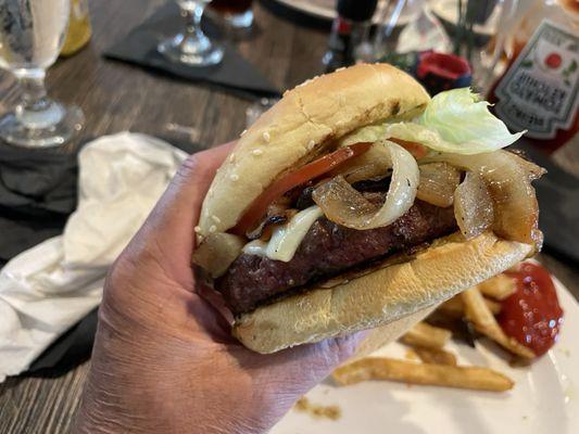 Build Your Own Burger with mushrooms, grilled onions, and white American cheese!