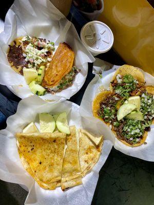 Quesabirria, Camaron, Al Pastor, and Carne Asada tacos. Cheese quesadilla on the bottom. All bomb!!!