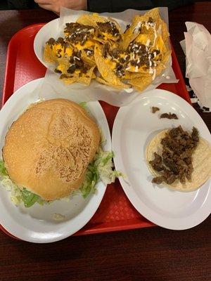 Nachos de asada,torta and a taco de asada