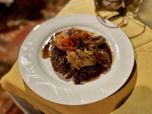 "Cornish Game Hen (with quinoa, butternut squash, pickled sweet peppers and rosemary sauce)