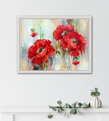 Framed red poppy flowers in white frame