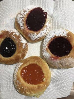 Kolaches - finally got to try them. Flavors pictured: blueberry (left), apricot (bottom), and raspberry (one of top & right)