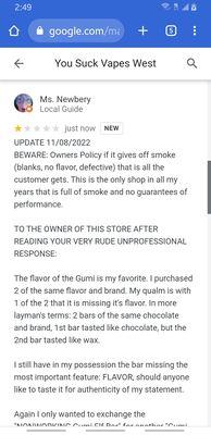 My original review and response after the owner posted her unprofessional post to my original review.