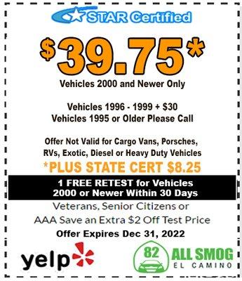 Smog Checks stating at $39.75!