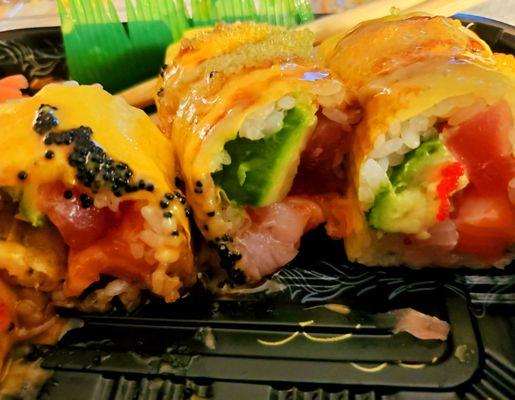 Triple Three roll of tuna, salmon, yellowtail and avocado. Yummy! - (12/6/2020)