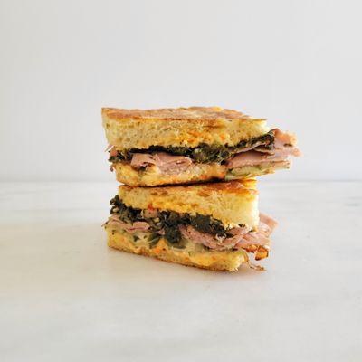 Pimento Toastie -House made pimento cheese, VT Salumi Prosciutto Cotto, and braised greens, on our house made focaccia, grilled.