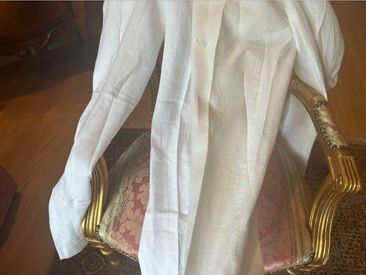 Side by Side Comparison of my other white pants, verus what they gave me yellow and destroyed. Unacceptable!