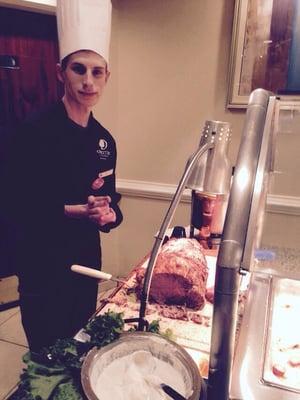 Friendly carver for prime rib station.