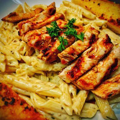 Balsamic Chicken over Penne Pesto Alfredo