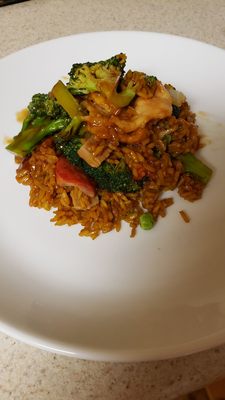 Chicken brocolli with pork fried rice.