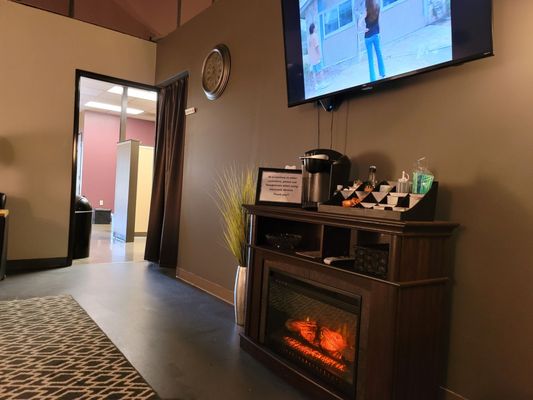 Tv and fireplace in drying room