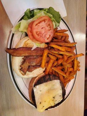 Bacon, pepper jack burger with sweet potato fries