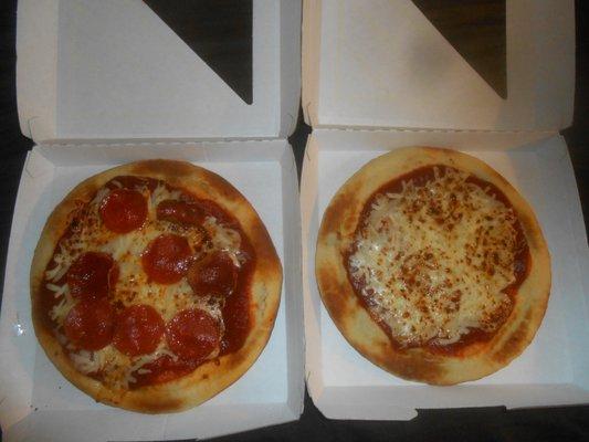 One pepperoni pizza and one cheese pizza.