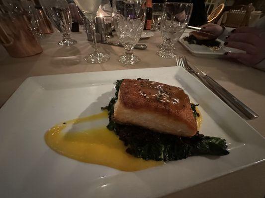 Salmon with black rice, kale and butternut squash, ginger purée