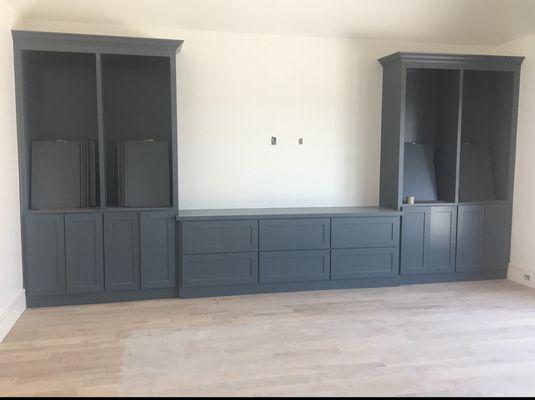 Painted cabinet and shelves blue and white walls