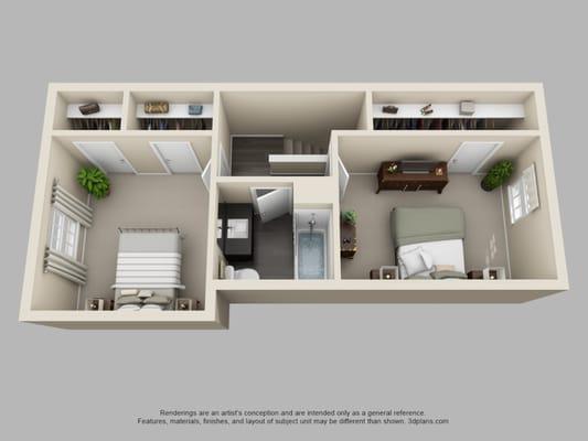 The Rosewood 2 bedroom 1&1/2 baths townhome (upstairs floor plan)