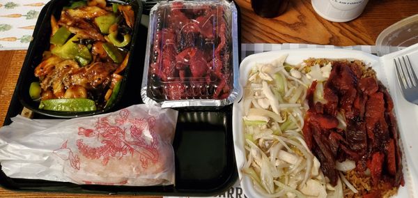 Eggplant in Garlic sauce, Boneless spare ribs, Egg Rolls, Chicken Chowmein, and Pork Fried Rice. (not pictured - Moogoo Guypan)