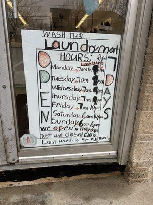 Updated hours; photographed sign in window today 1/28/24.