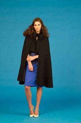 Reversible wool cape and taffeta/wool pencil skirt