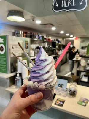 Soft Soft-Serve Cup (vanilla and ube with pocky sticks and mochi)