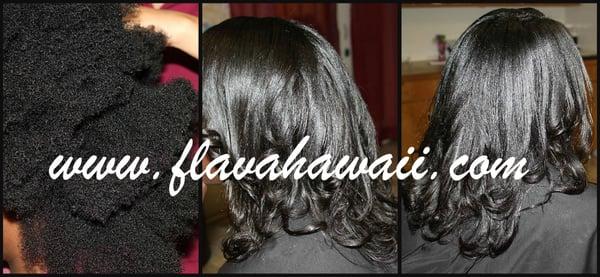 Keratin treatment with a few extensions added. (note: this is not a relaxer, the hair does curl back when wet)