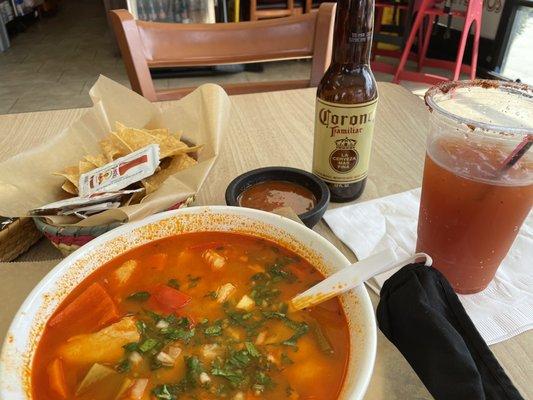 Caldo de Pescado and yummy michelada.