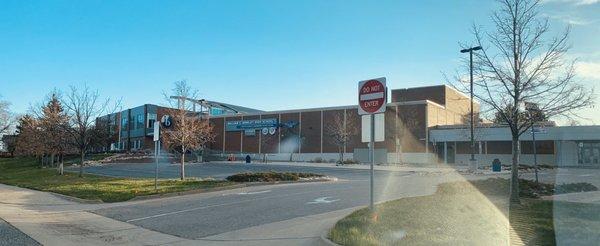 Front of the school, driving up Chambers