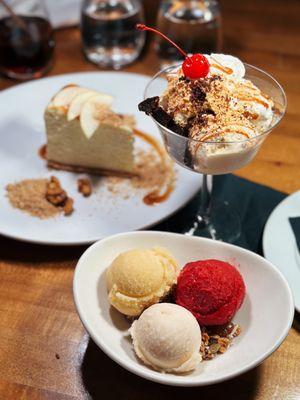 Cheesecake, Brownie sundae, sorbet trio