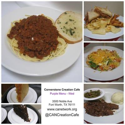 Purple Menu - Wed:  Spaghetti w/ Meat Sauce; BBQ Chicken Sandwich; Chef Salad; Honey Cake & Triple Chocolate Cake