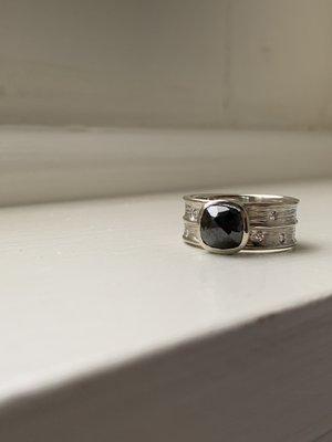 Custom Black diamond engagement ring set in 14k white gold. Fine handmade wedding jewelry.