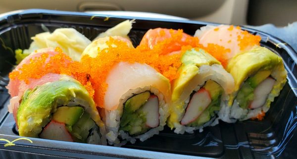 Rainbow Roll - a California roll wrapped in fish and more