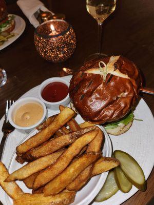 Lamb burger with fries