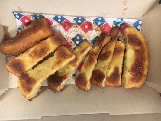 the cinnastix they were over cooked and looked more like a saltine cracker, and had about the same crunch