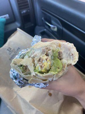 Breakfast burrito / no potatoes / extra chorizo / side of avocado salsa