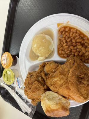 Got a three piece dinner famous style chicken with mashed potatoes, baked beans and a biscuit.