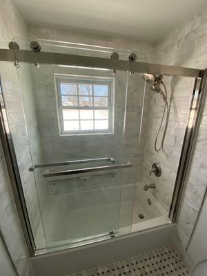 Finished shower with sliding door!