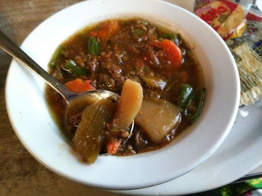 Delicious Beef Vegetable Soup with lots of beef and large chunks of vegetables.