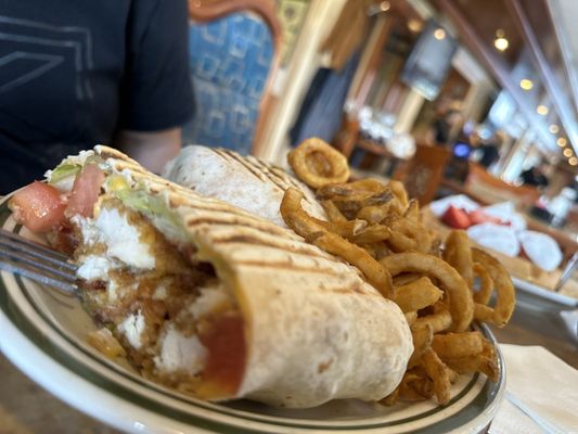 Curly fries and chicken wrap