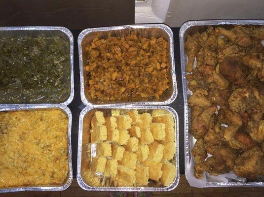 Catering: fried chicken, cornbread, collard greens with turkey neck, candied yams, and baked mac